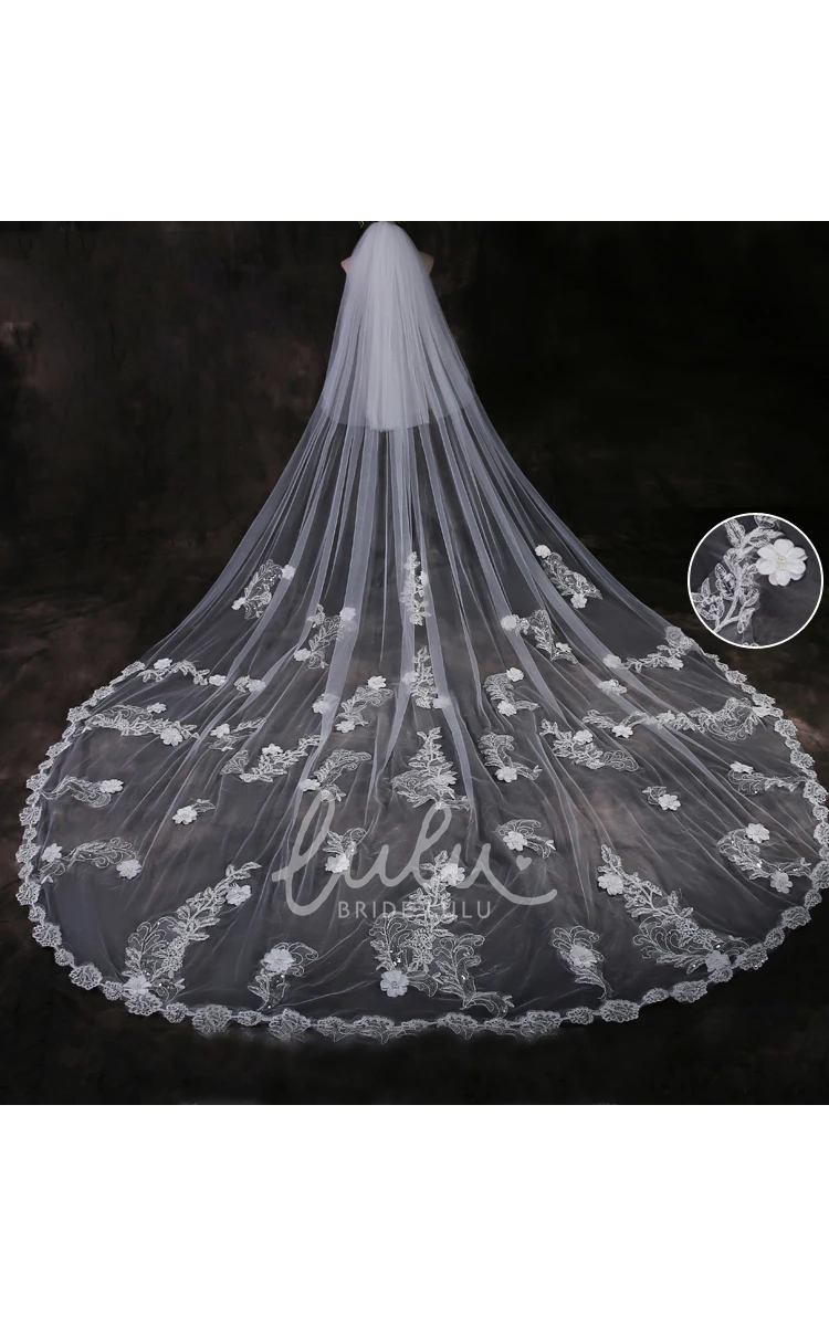 Cathedral Tulle Wedding Veil Ethereal Lace Appliques & Flowers