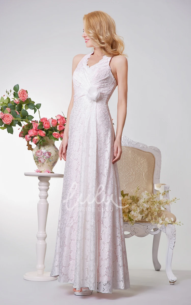 Long Halter Lace Dress with Ruching and Flower Detail for Prom