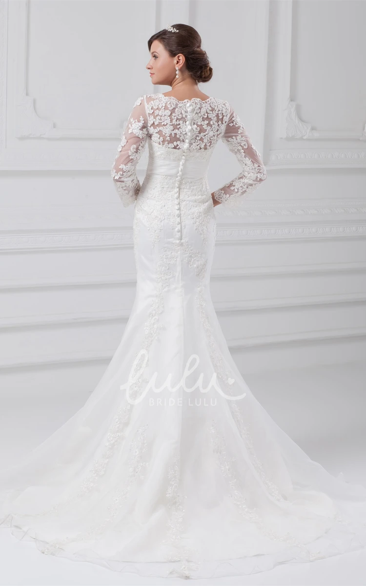 Mermaid Wedding Dress Modest Long-Sleeve Scalloped-Neck with Appliques