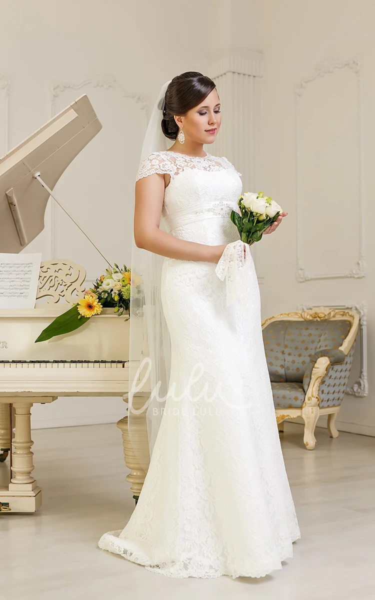 Sheath Lace Cap-Sleeve Bridesmaid Dress with Corset Back and Beaded Sash