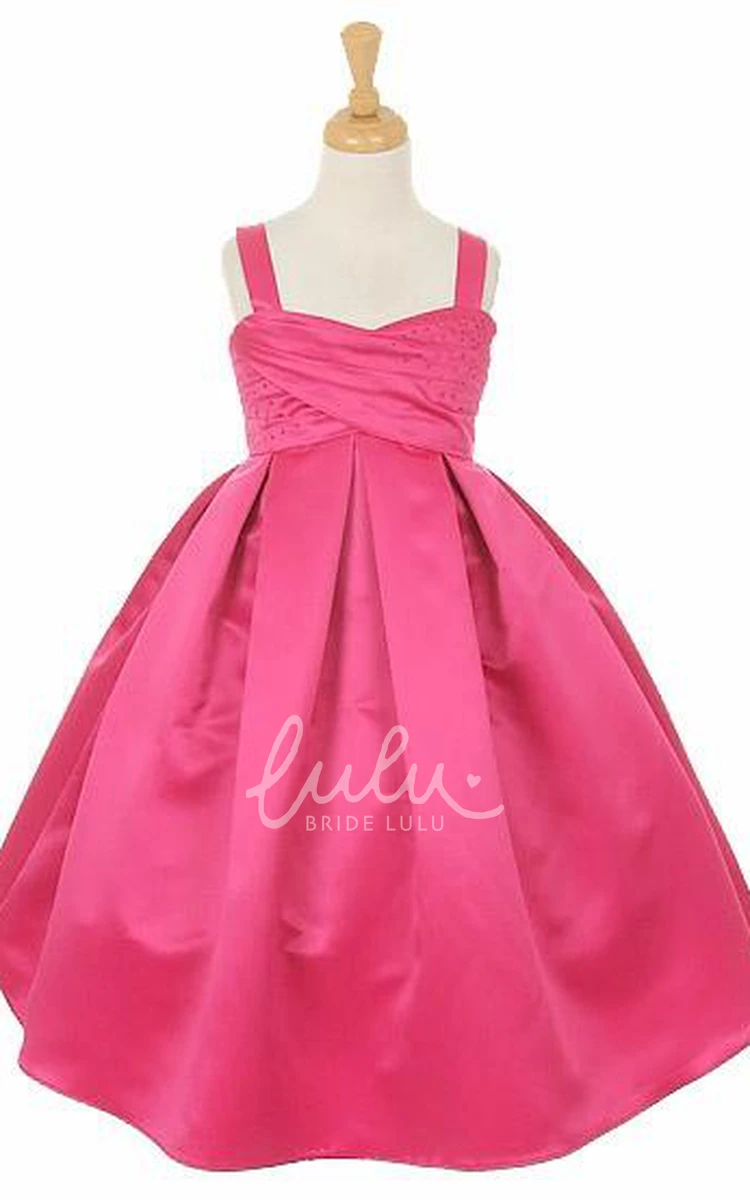 Sleeveless Satin Tea-Length Beaded Flower Girl Dress