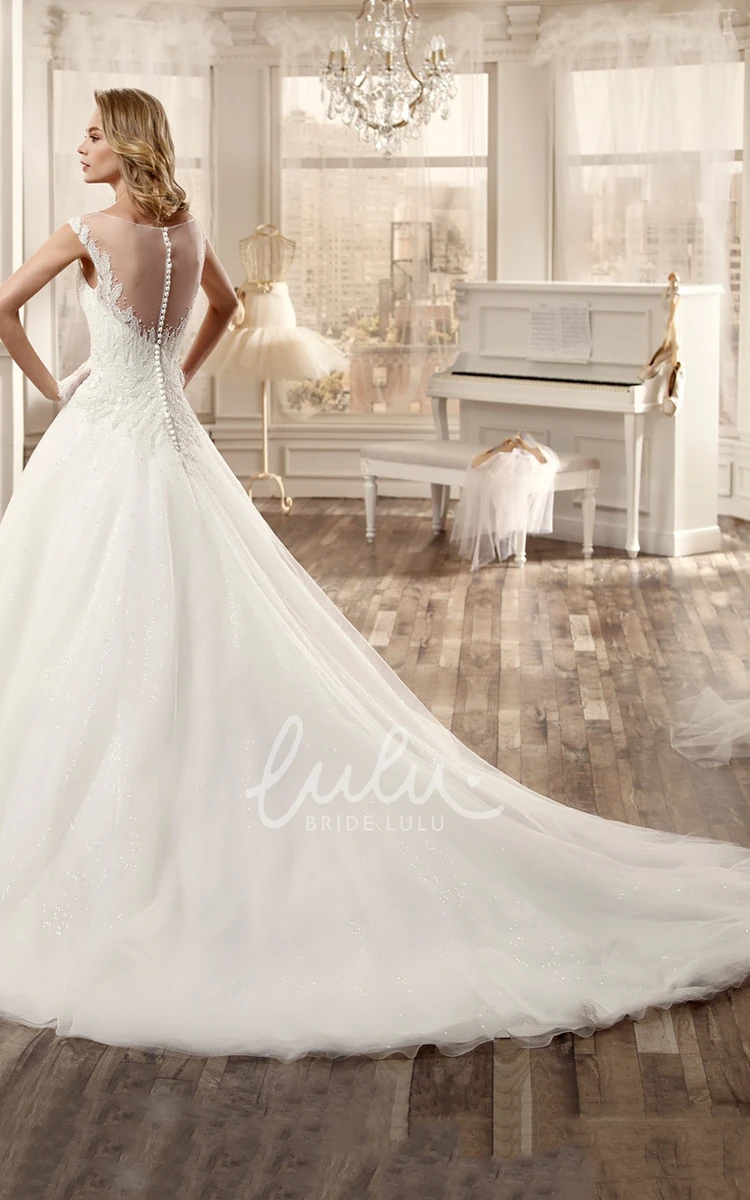 Lace Appliques Chapel Train Sweetheart Cap-Sleeve A-Line Wedding Dress Unique