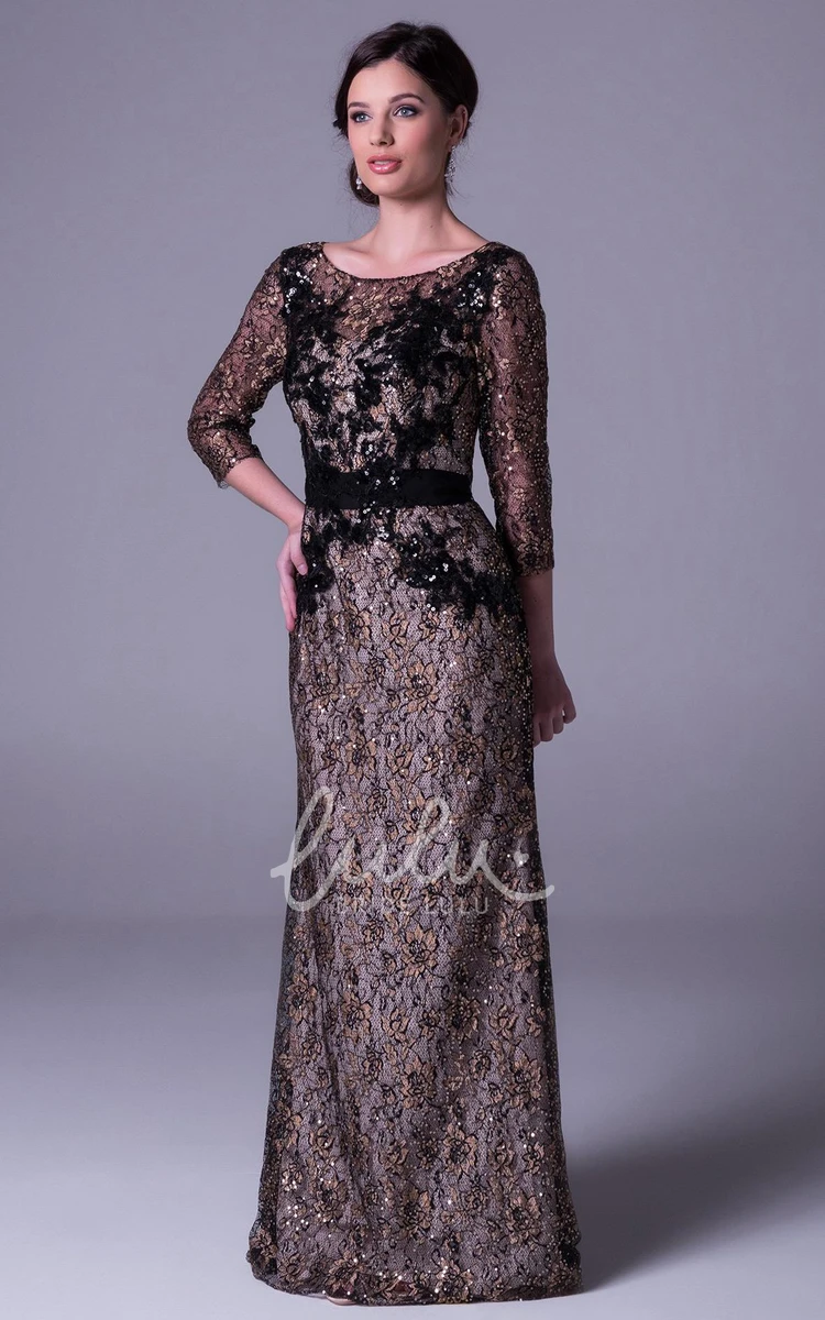 Long Sheath Prom Dress with 3-4-Sleeve Appliqued Sequins Beading and Bow