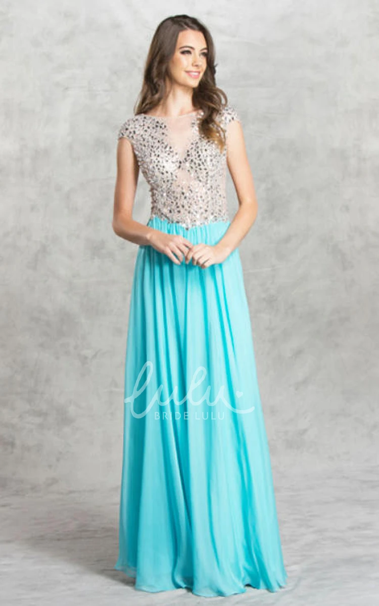 Chiffon Cap-Sleeve Formal Dress with Beading and Split Front