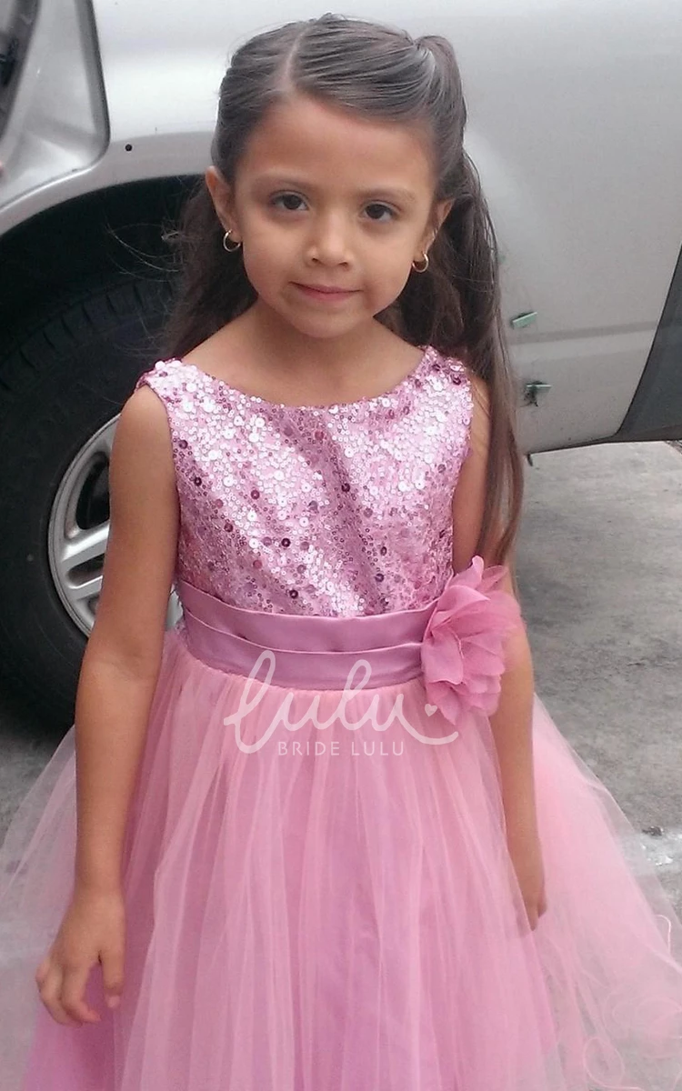 Floral Sequins&Satin Flower Girl Dress Tea-Length with Sash