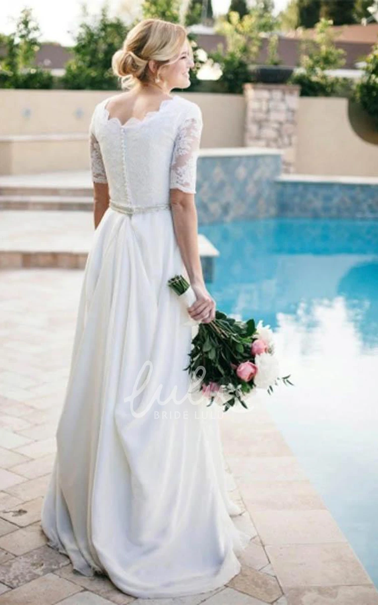 Chiffon A-Line Wedding Dress with Scalloped Lace Bodice