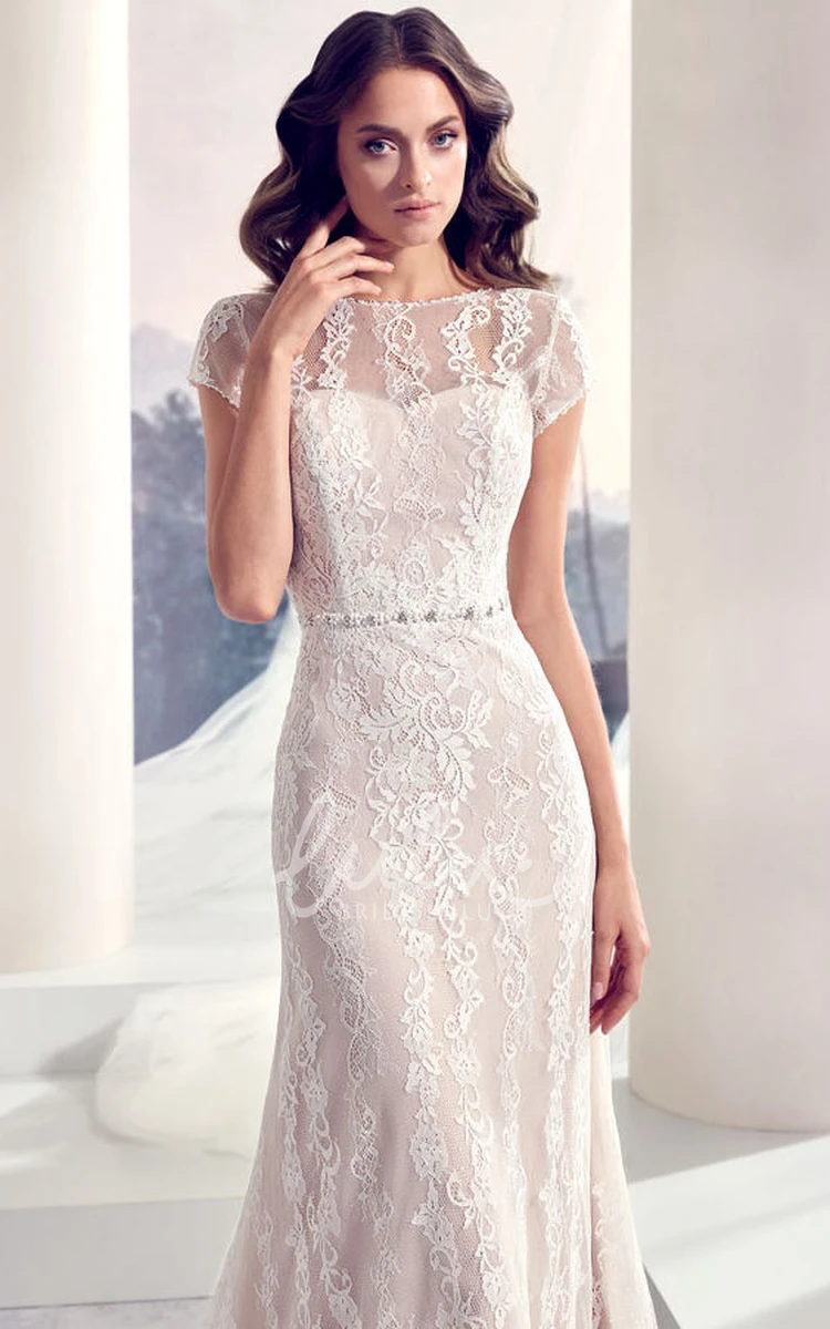 Scoop Cap-Sleeve Lace Wedding Dress with Jeweled Details and Brush Train