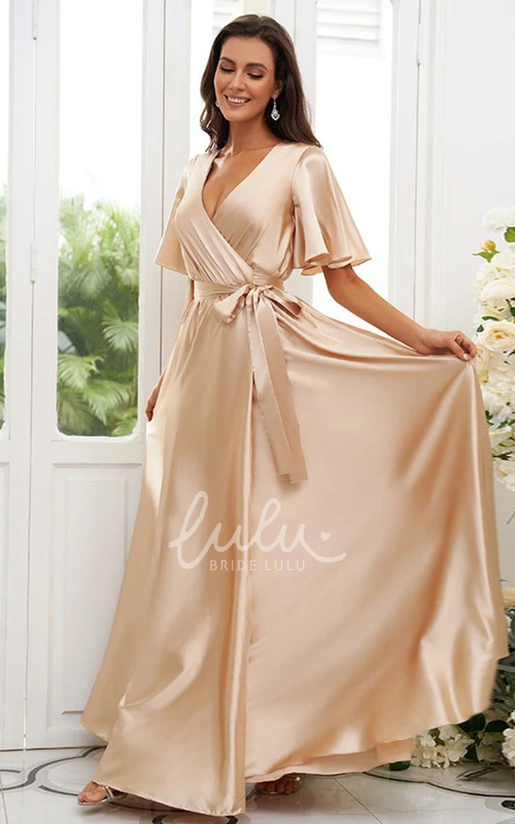 Satin Half Sleeve Bridesmaid Dress 2024 A-Line V-neck Floor-length Modest Modern