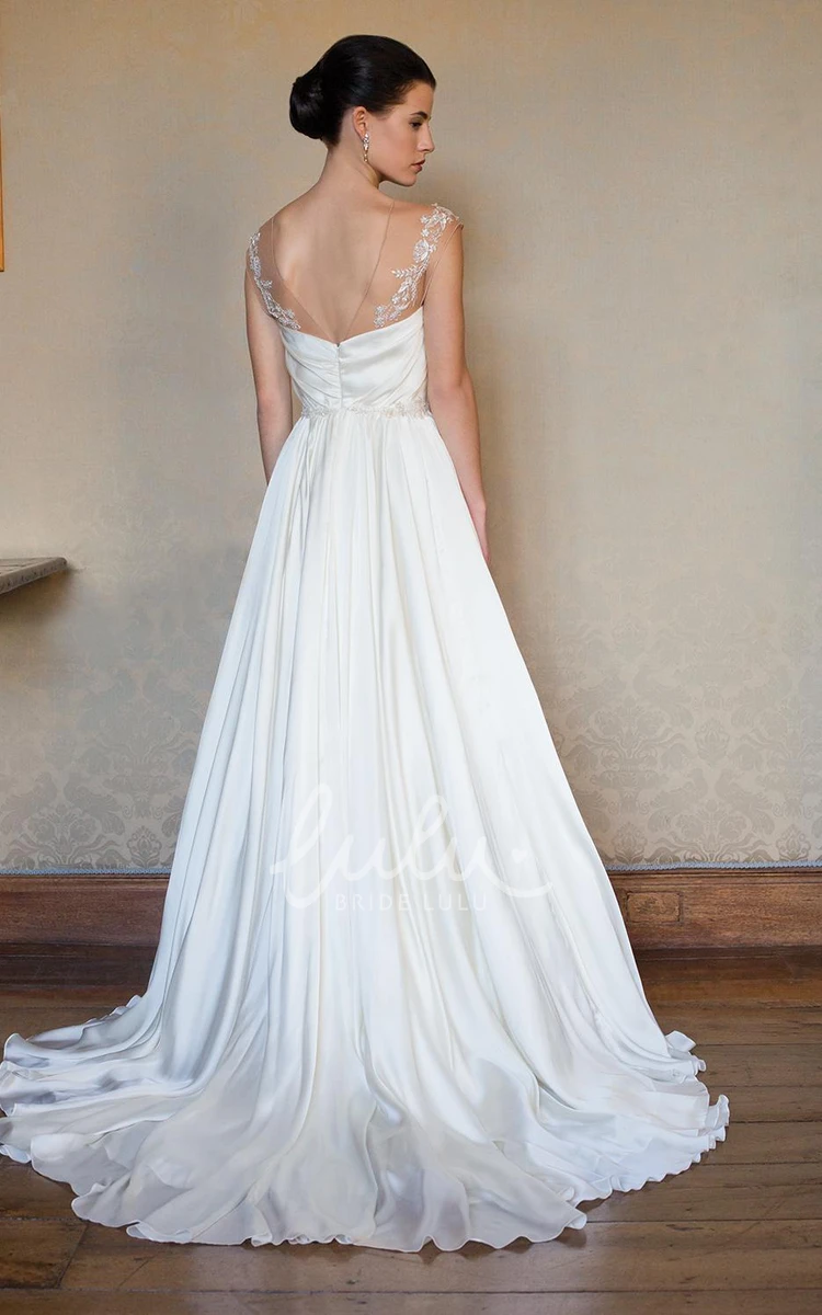 Pleated V-Neck A-Line Wedding Dress with Appliques and Stretched Satin Fabric