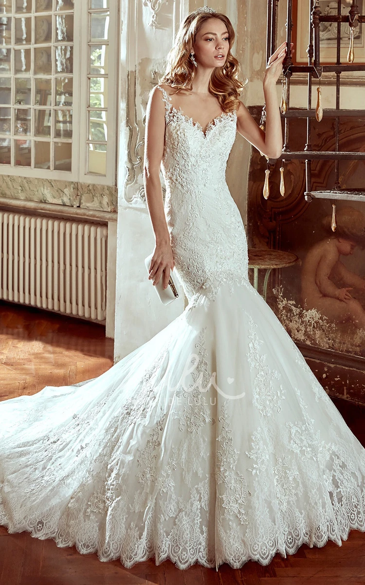 Mermaid Lace Strap-Neck Wedding Dress with Illusion Back Stunning Bridal Gown