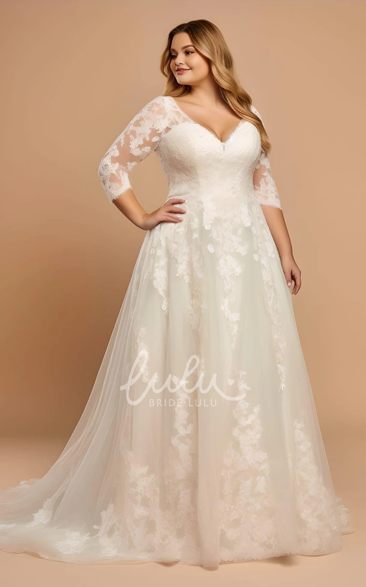 Plus Size A-Line Tulle V-neck Floor-length Wedding Dress Romantic Country Garden Women