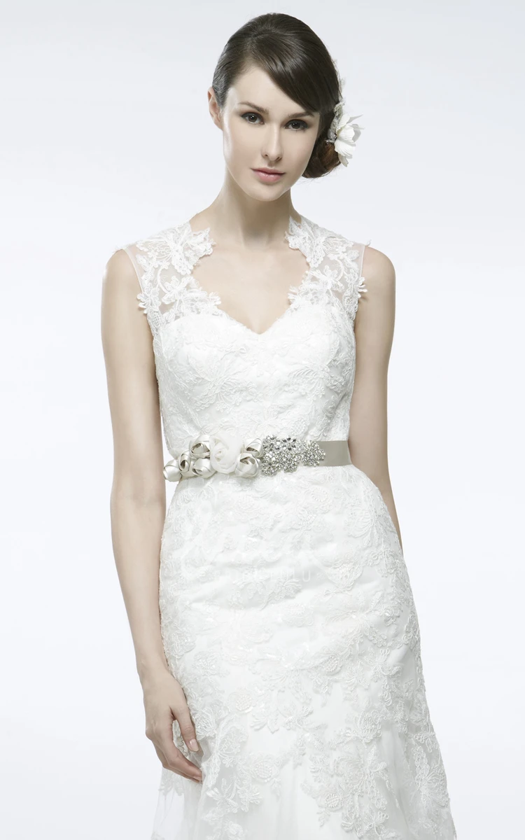 V-Neck Lace A-Line Wedding Dress with Keyhole Back and Sweep Train