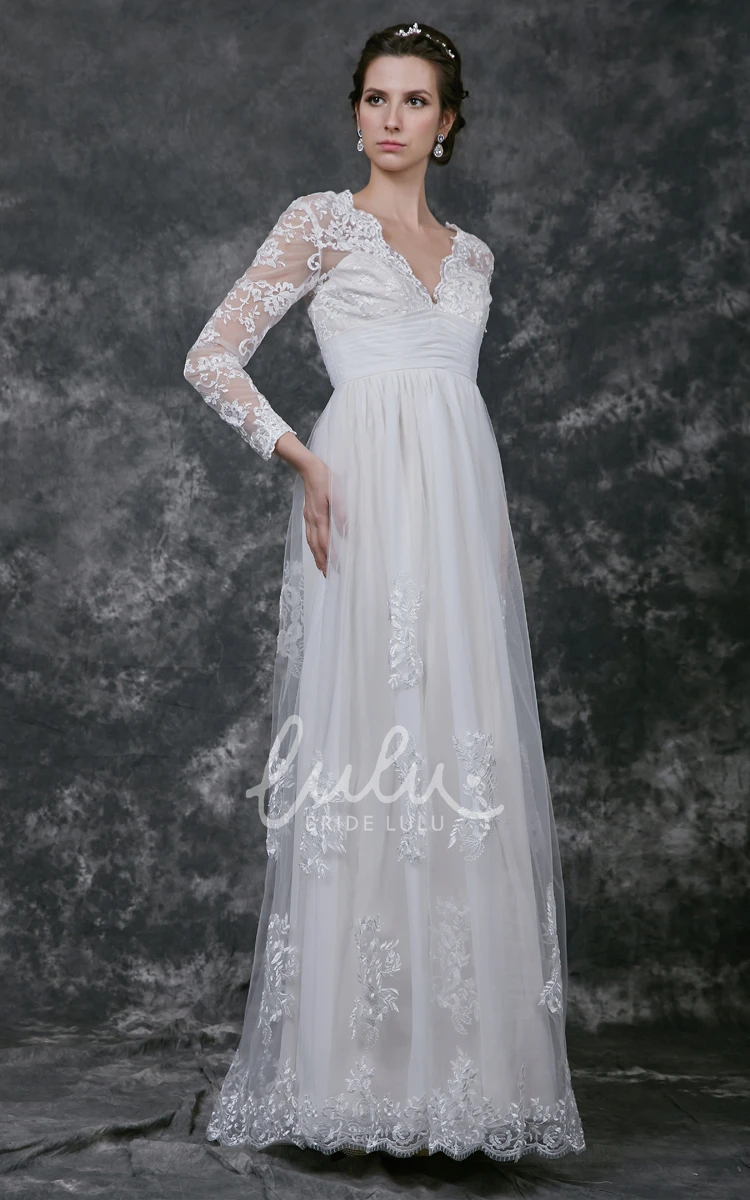 Illusion Sleeve Chiffon Dress with Ruched V-Neckline Flowy Wedding Gown