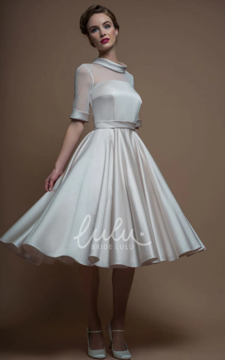 Illusion High Neck Sleeveless Tea-Length Satin Wedding Dress A-Line
