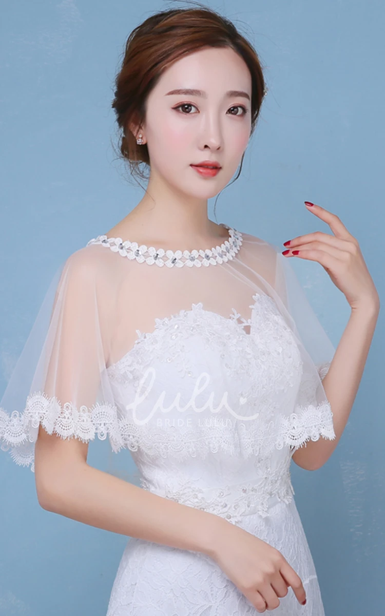 White Lace Crystal Round Neck Cape-style Shawl Wedding Dress New Classy Bridal Gown