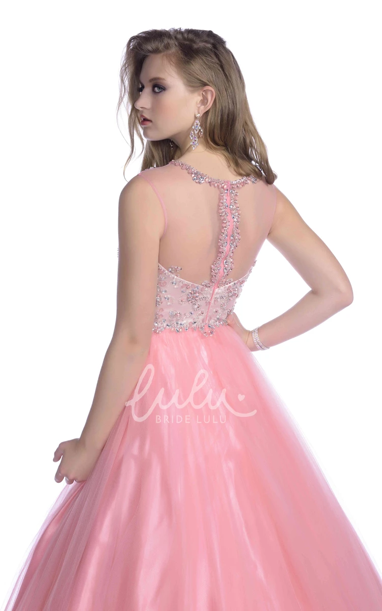 Illusion Back Tulle Cap Sleeve Prom Dress with Rhinestone Bodice