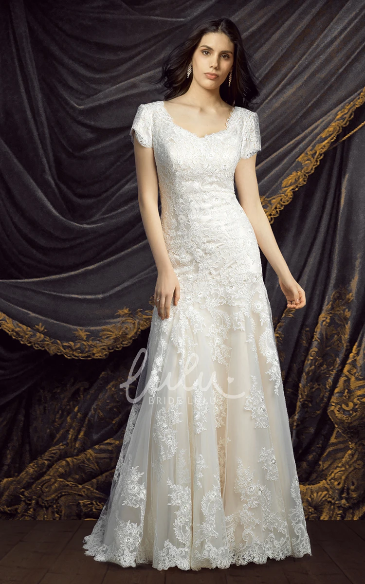 Modest Lace Wedding Dress with Queen Anne Neckline Short Sleeve & Elegant