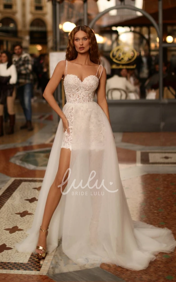 Modest Halter Off-the-shoulder Spaghetti Lace Wedding Dress with Sweep Train