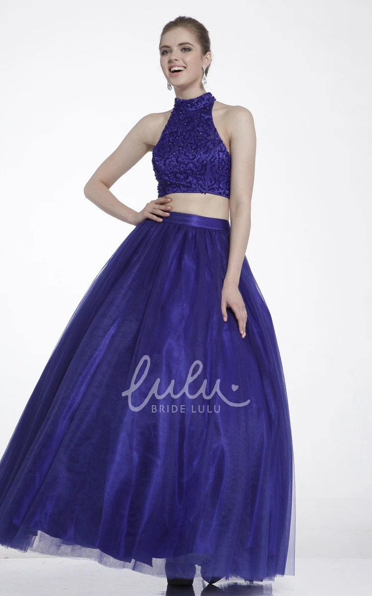 Satin Keyhole A-Line Formal Dress with Beading High-Neck Sleeveless Ankle-Length