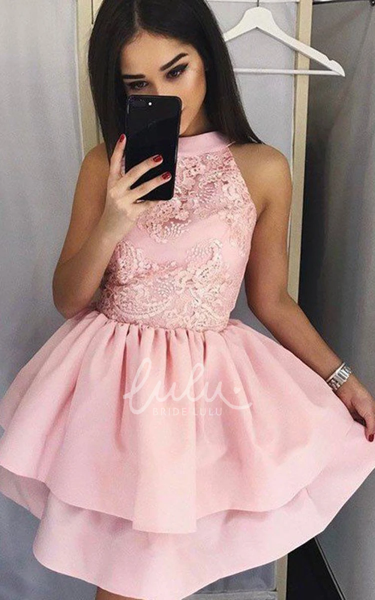 High Neck Ball Gown Sleeveless Satin Lace Homecoming Dress