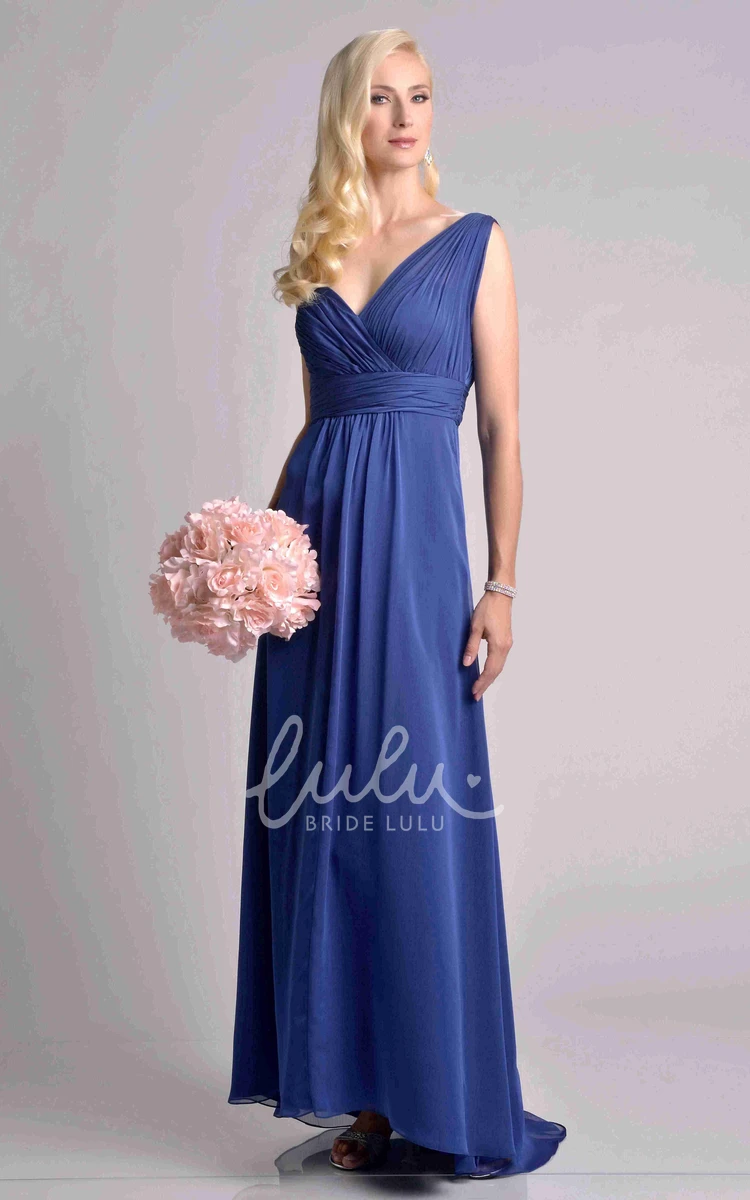 Long Chiffon Bridesmaid Dress with Crisscross V-Neck Ruching and Pleats