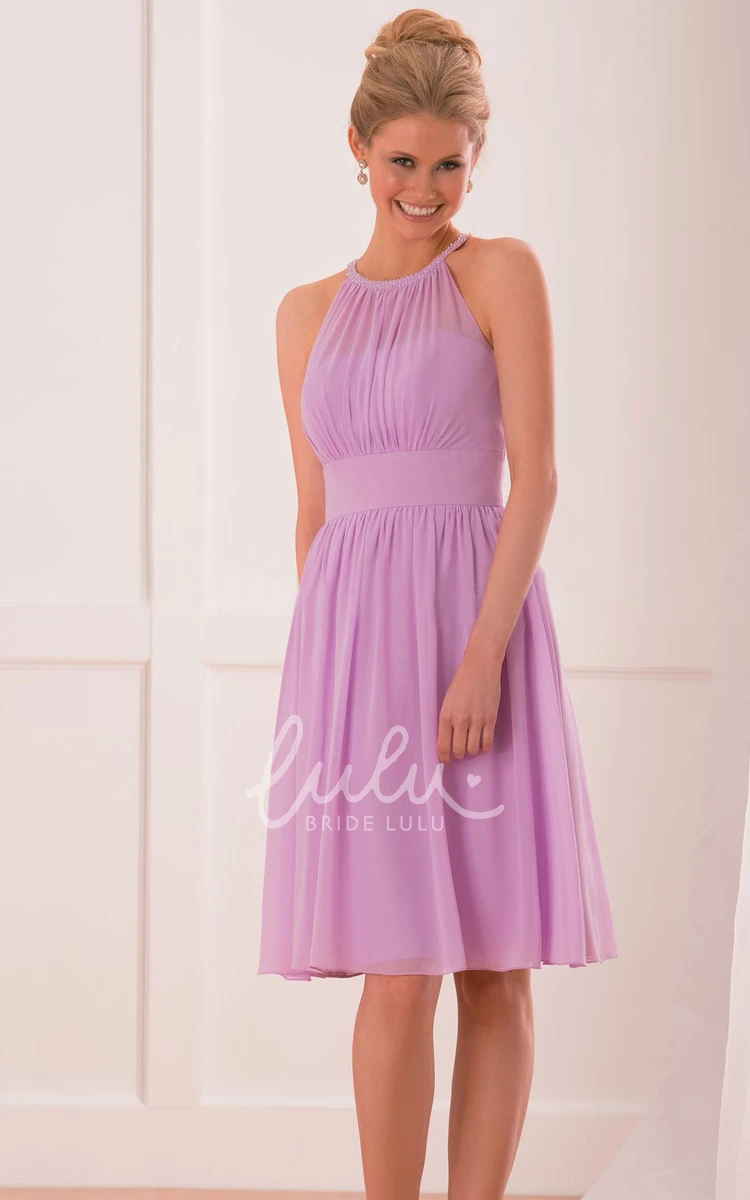 Knee-Length A-Line Bridesmaid Dress with Jeweled High Neck and Pleats