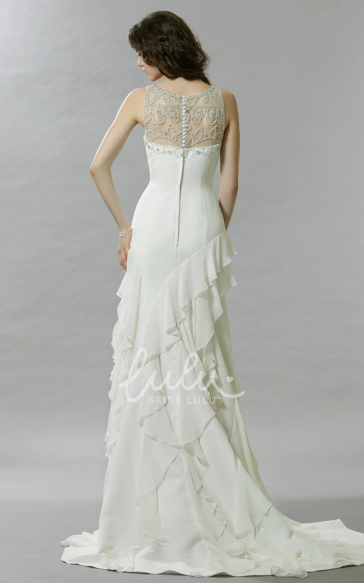 Cascading-Ruffle Satin&Chiffon Wedding Dress with Illusion Back Sheath Bridal Gown