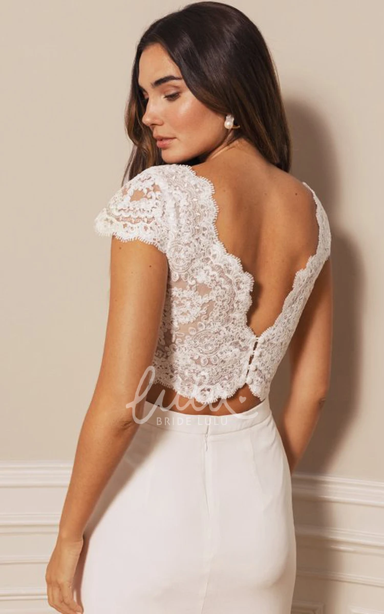 Casual Chiffon Lace Two Piece Wedding Dress with Short Sleeves and Buttons