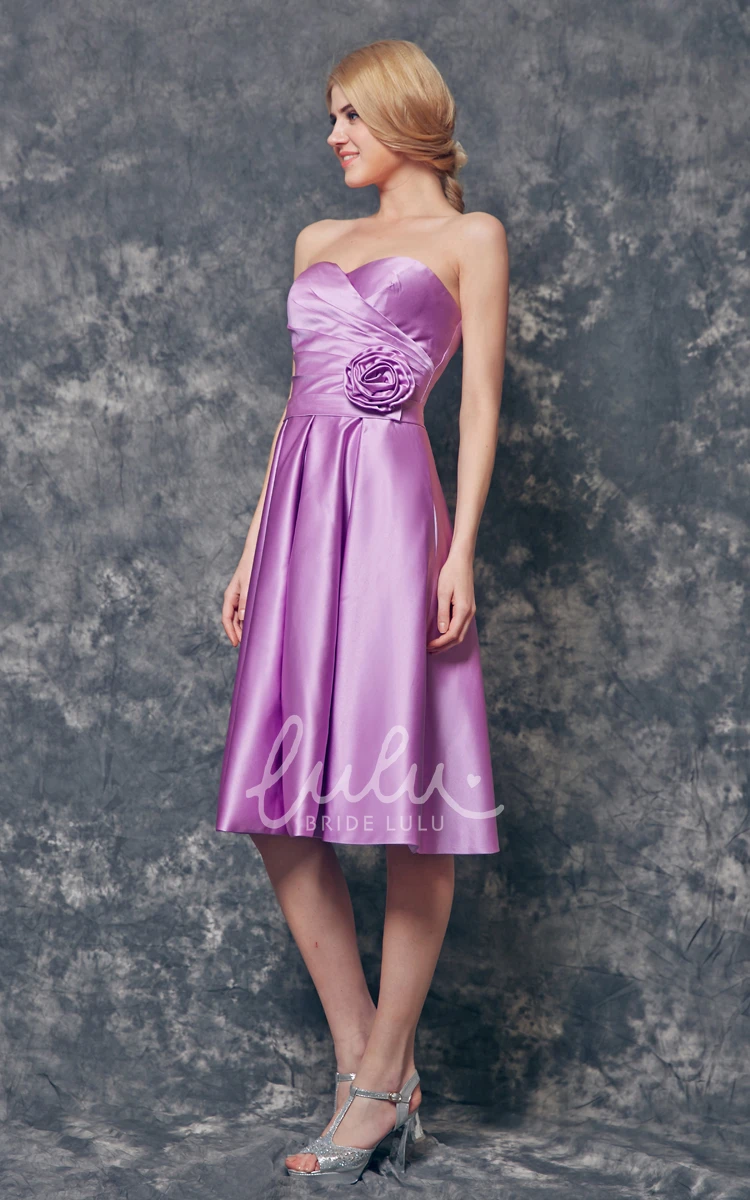 Knee Length A-line Satin Bridesmaid Dress with Floral Ruching Sweet and Chic