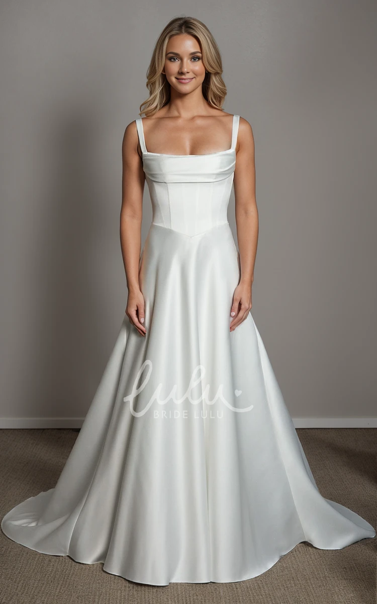 Simple Minimalist A-Line Square Neck Satin Wedding Dress Minimalist Solid Casual Sleeveless Backless Boned Bodice Court Train Bridal Gown