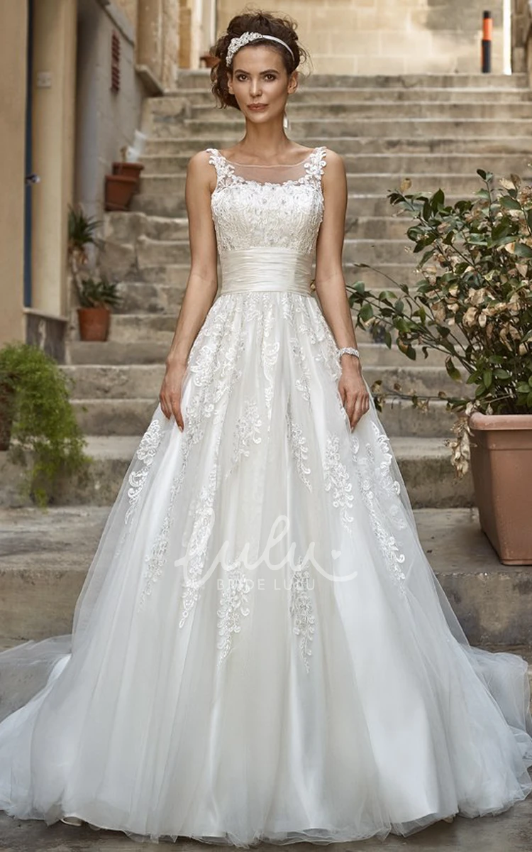 Floor-Length Sleeveless A-Line Wedding Dress with Tulle&Lace and Appliques