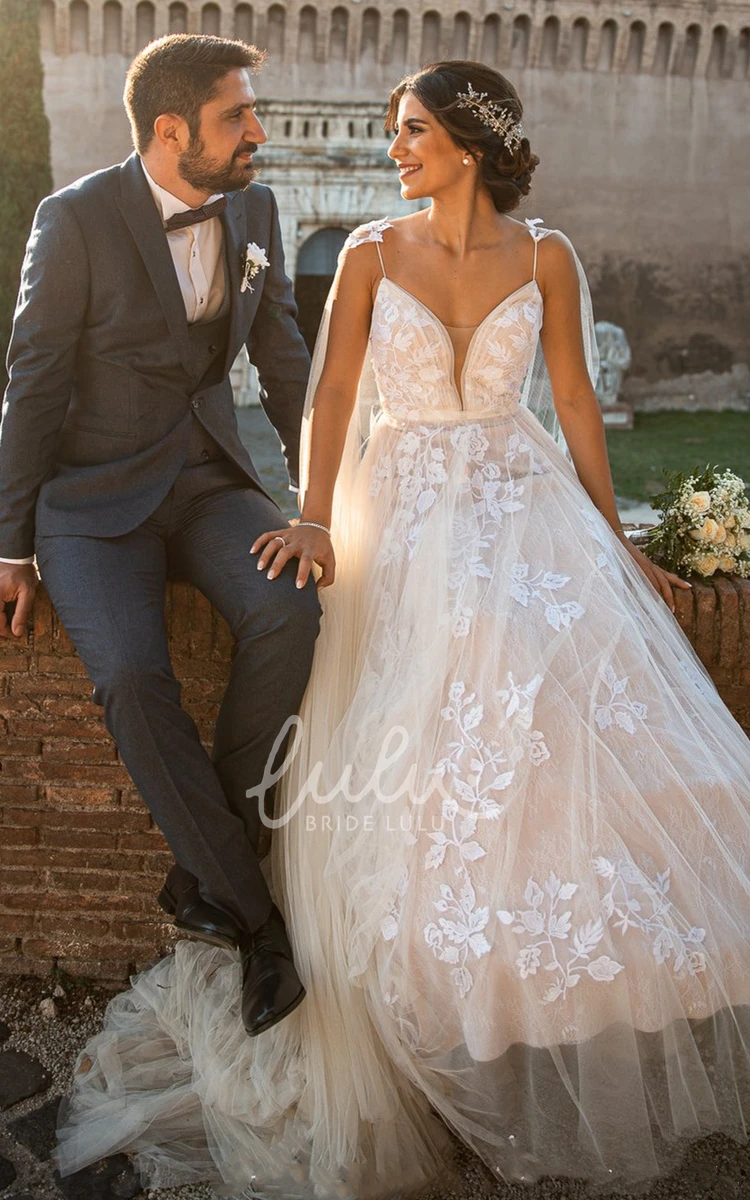 Modern Spaghetti Wedding Dress with Appliques A Line Lace and Tulle