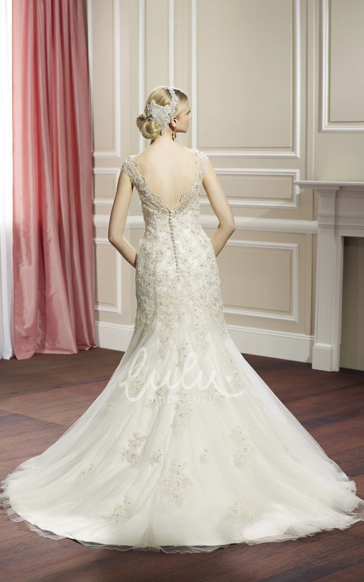 Cap-Sleeve Trumpet Lace Wedding Dress with Waist Jewelry and Low V-Back