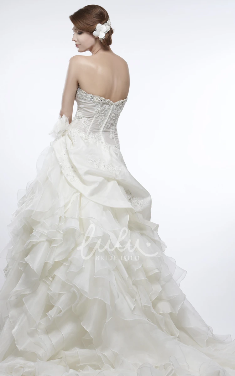 Organza Cascading-Ruffle Strapless A-Line Wedding Dress with Pick Up and Flower