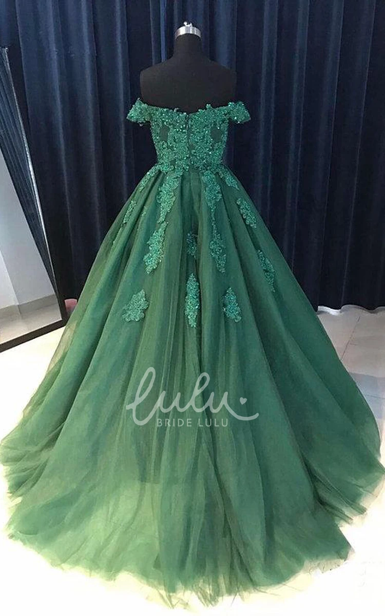 Lace Tulle Ball Gown Formal Dress with Cap Sleeves and Sweep Train
