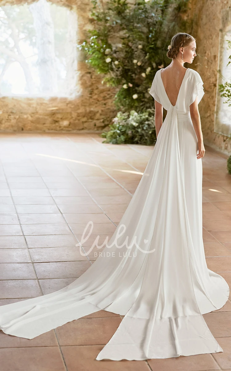 Romantic Chiffon Wedding Dress with Short Sleeve A-Line V-Neck