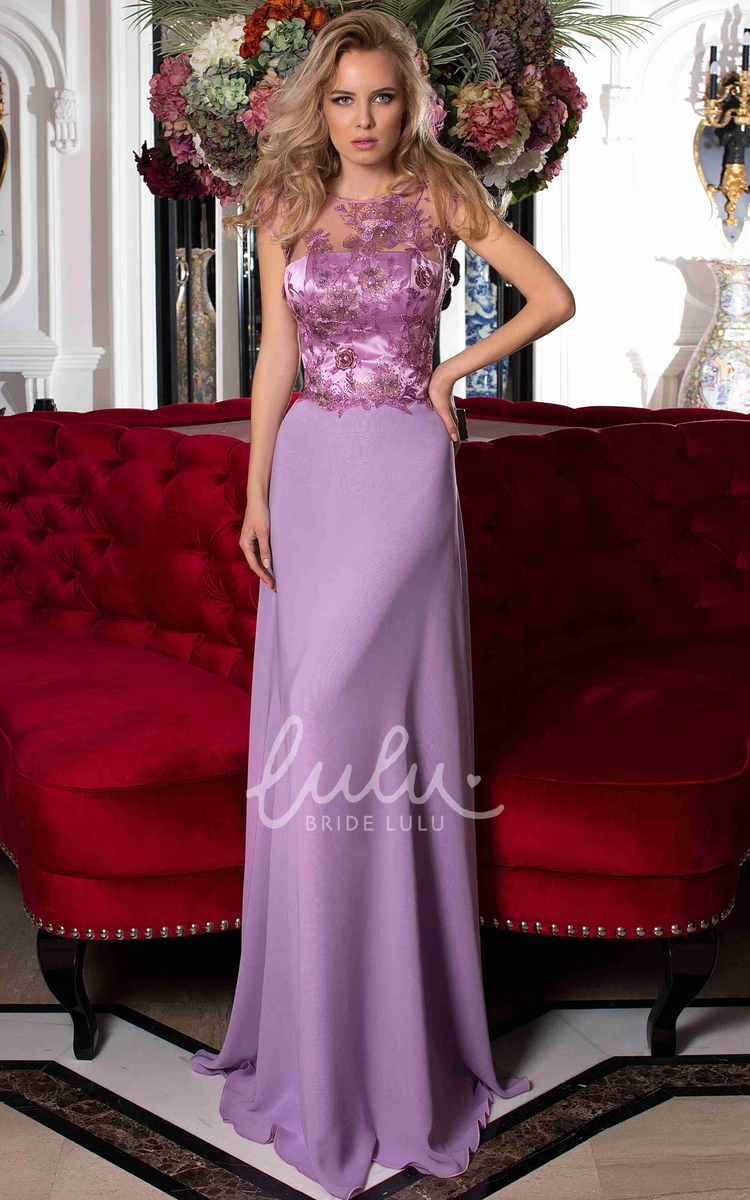 Chiffon Embroidery Lace-Up Sheath Formal Dress with Floor-Length and Sleeveless