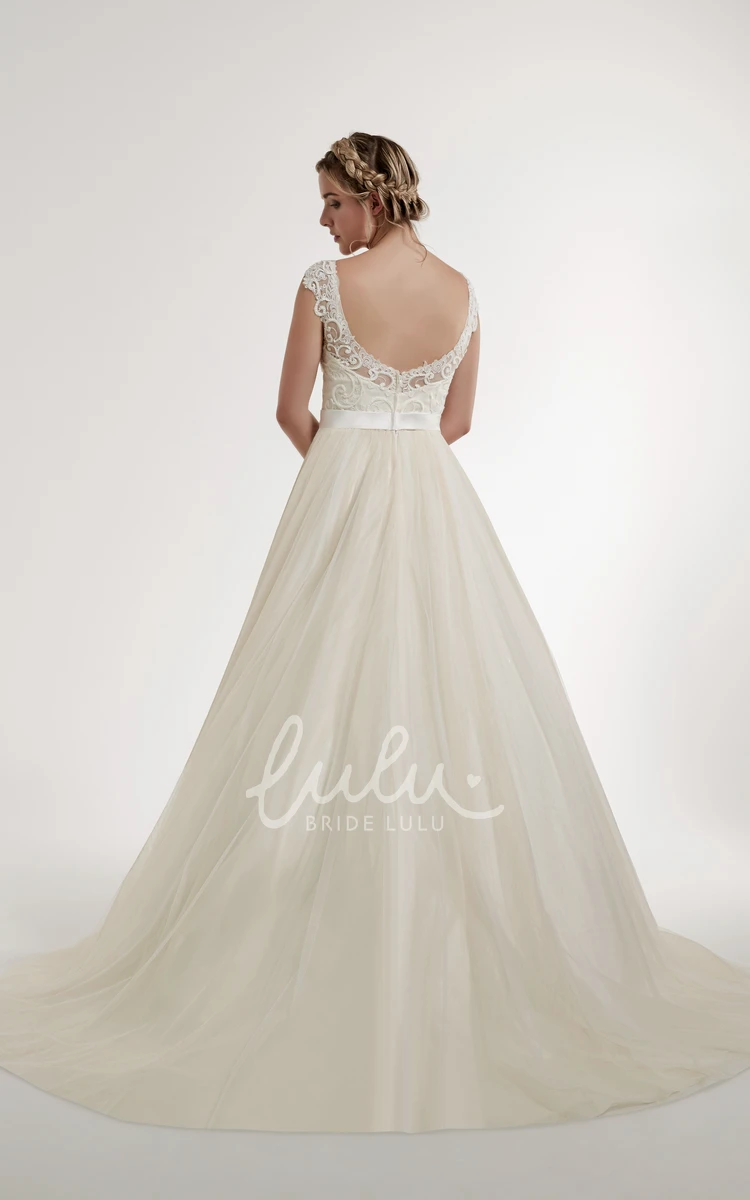 Satin Scoop Wedding Dress with Applique Low-V Back and Court Train Ball-Gown