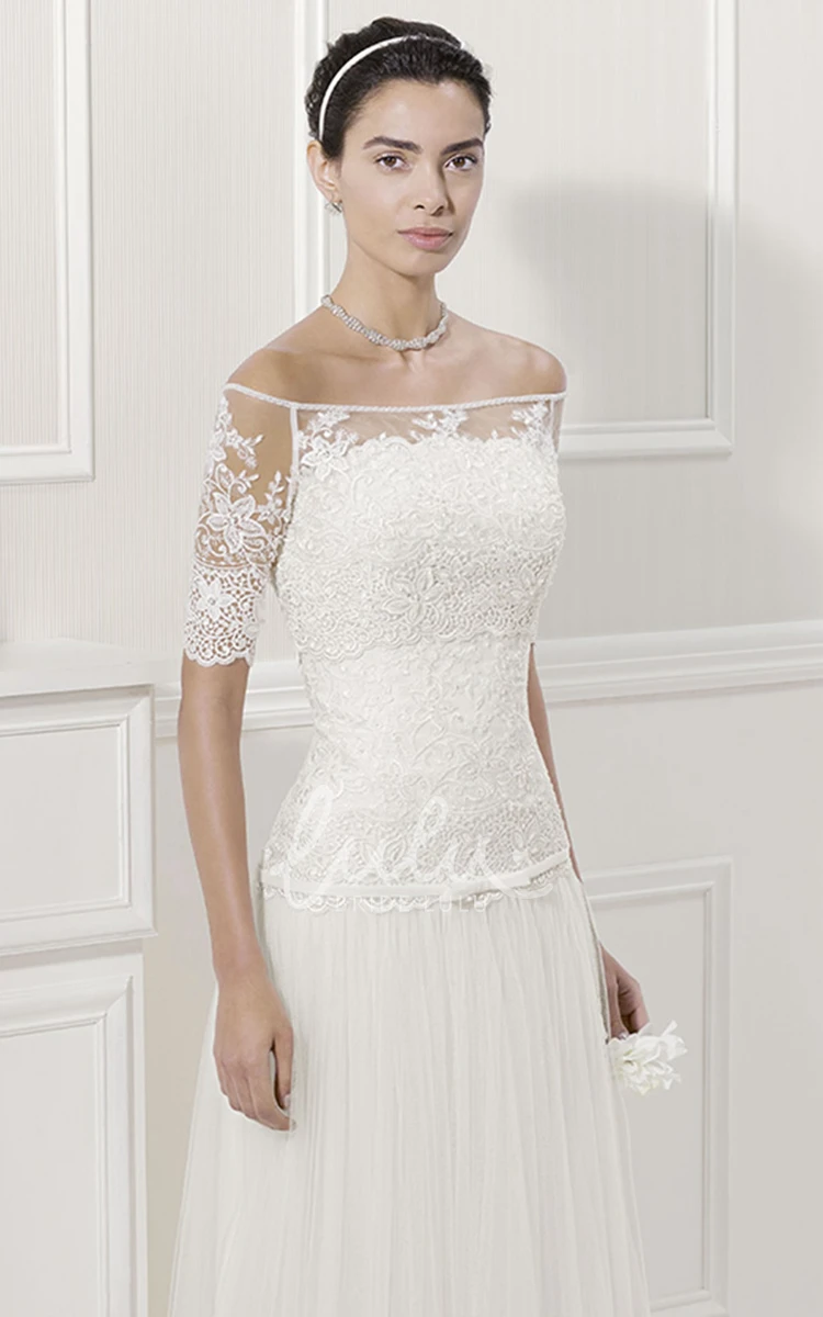 Scalloped Neck Tulle Bridal Gown with Off-Shoulder Sleeves Lace Top