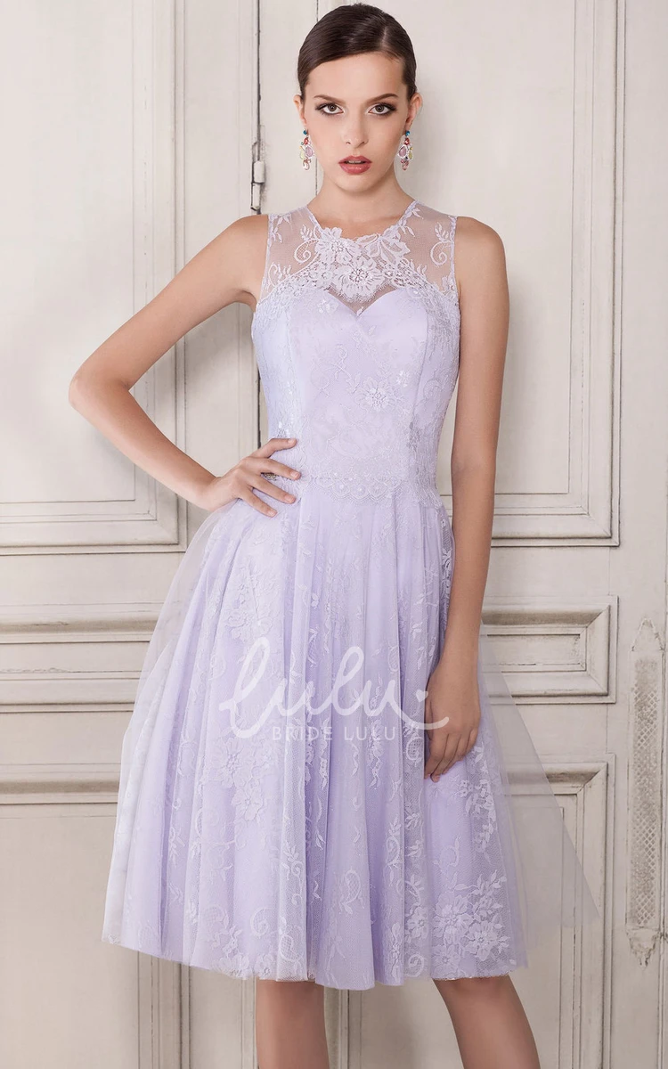 A-Line Tulle Knee-Length Lace Button Prom Dress