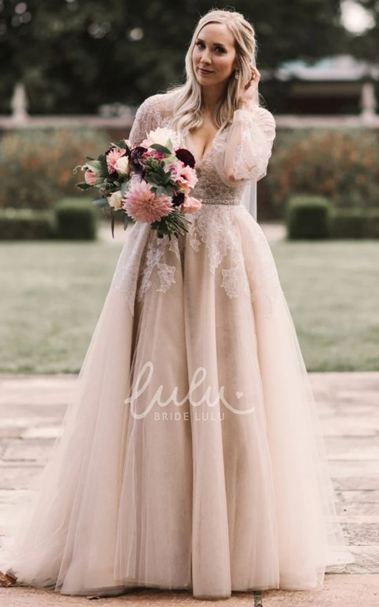 Lace V-neck A-line Long Sleeve Wedding Dress Romantic and Chic