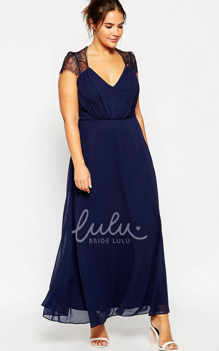 V-Neck Cap Sleeve Chiffon Bridesmaid Dress with Applique Ankle-Length