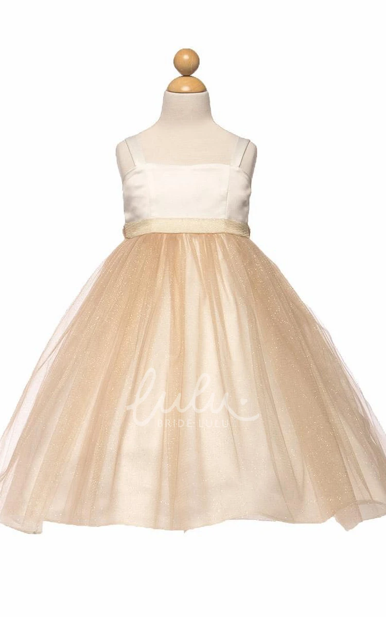 Spaghetti Empire Tea-Length Flower Girl Dress with Tiered Tulle