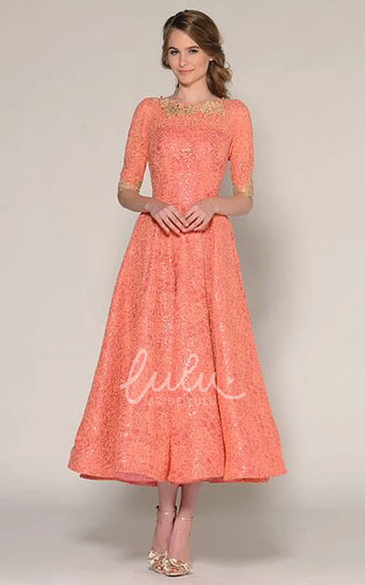 Beaded Lace Tea-Length A-Line Prom Dress with Half Sleeves