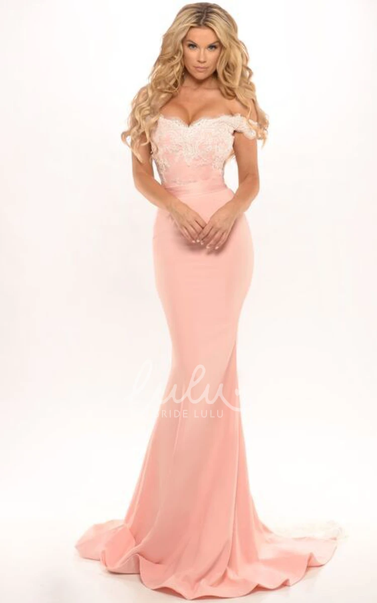 Floor-Length Sheath Jersey Prom Dress with Off-Shoulder Style and Appliques