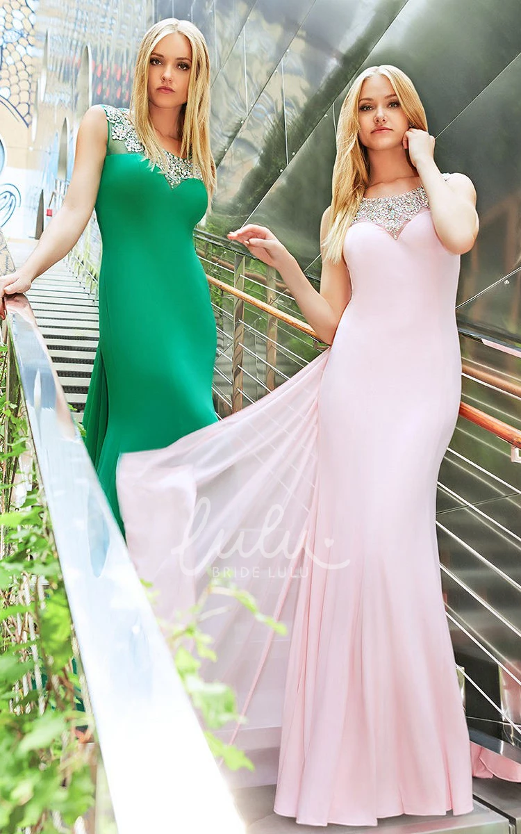 Sleeveless Beaded Scoop Neck Sheath Prom Dress in Jersey Fabric