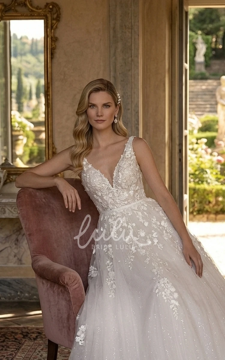 Fairy Elopement A-Line Sleeveless Lace 3D Flowers Glitter Spring Wedding Dress Garden Elegant V-Neck Chapel Train Tulle Bridal Gown