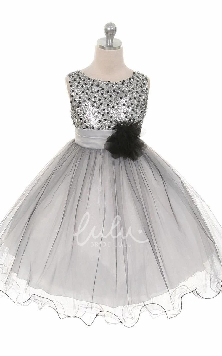 Sequin Tiered Flower Girl Dress Tea-Length Elegant Satin