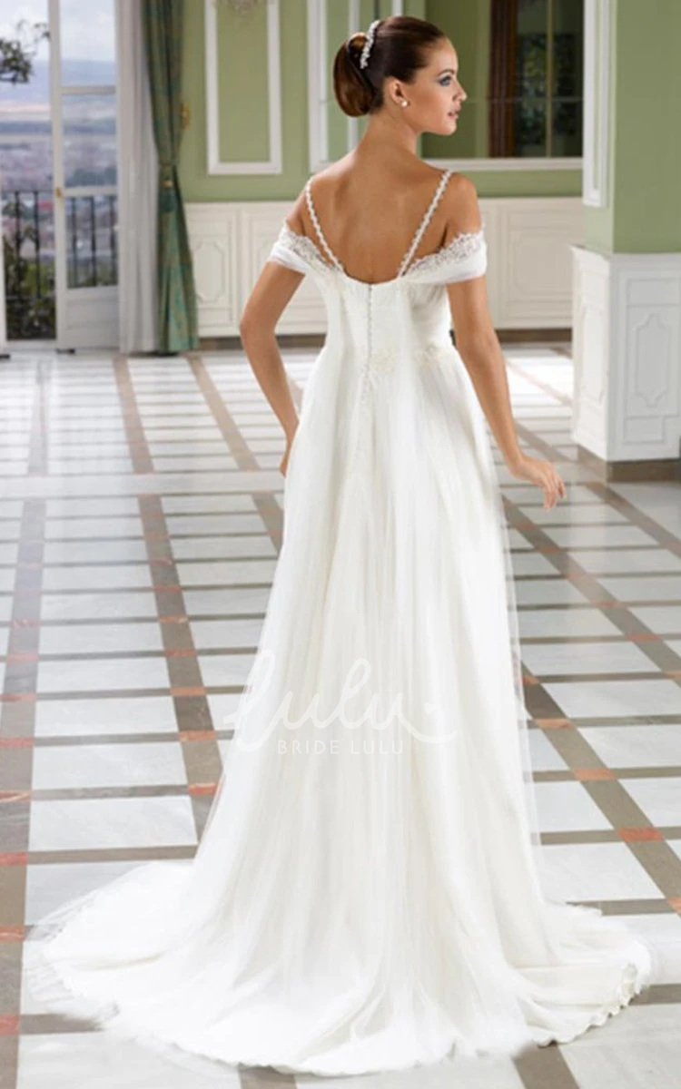 Floor-Length Tulle Wedding Dress with Appliques Spaghetti Straps and V-Back