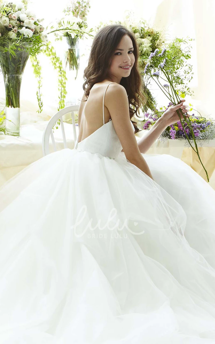 Spaghetti Jeweled Tulle Wedding Dress with Sweep Train Gorgeous Bridal Gown